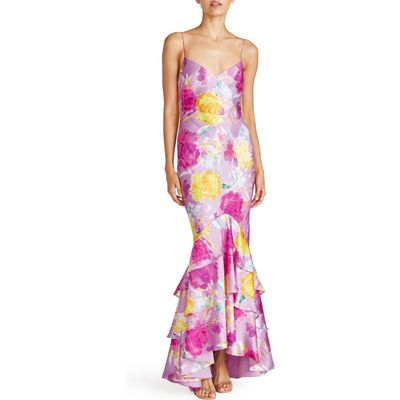 ML Monique Lhuillier Seraphine Satin Gown in Blooming Peonies