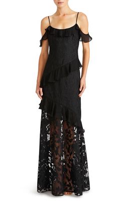 ML Monique Lhuillier Sienna Ruffle Cold Shoulder Lace Gown in Black