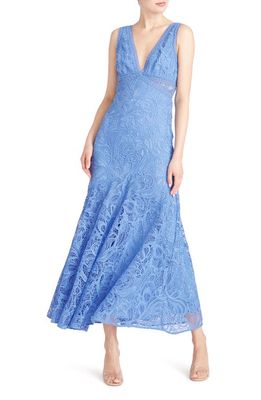 ML Monique Lhuillier Sleeveless Lace Midi Dress in Blue Opal