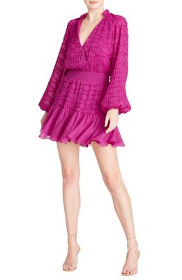 ML Monique Lhuillier Smocked Chiffon Hem Long Sleeve A-Line Dress in Violet
