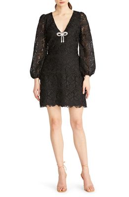 ML Monique Lhuillier Sydney Rhinestone Bow Long Sleeve Lace Cocktail Dress in Black