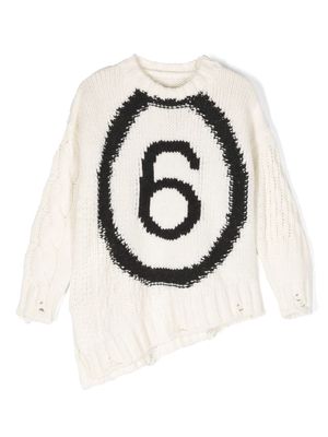 MM6 Maison Margiela Kids asymmetric intarsia-logo wool-blend jumper - Neutrals
