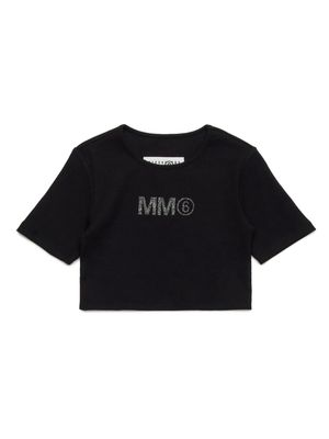 MM6 Maison Margiela Kids glitter logo-print cropped T-shirt - Black