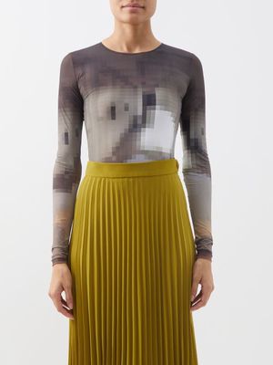 Mm6 Maison Margiela - Pixelated-print Long-sleeved Jersey Bodysuit - Womens - Brown Print