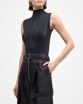 Mock-Neck Monogram Pointelle Knit Sleeveless Bodysuit