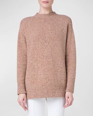 Mock-Neck Paillette Cashmere Knit Sweater