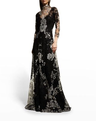 Mock-Neck Sequin Embroidered Gown