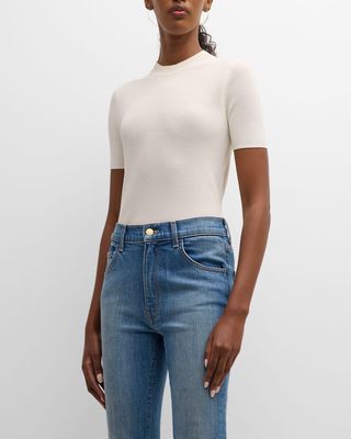 Mock-Neck Short-Sleeve Stretch Textured Knit Sweater