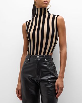 Mock-Neck Sleeveless Velvet-Striped Sheer Bodysuit