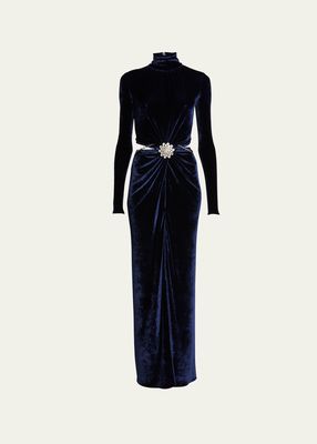 Mock-Neck Velvet Ruched Cutout Gown with Crystal Accent