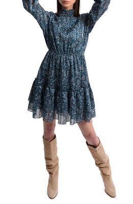 Molly Bracken Paisley Print Tiered Long Sleeve A-Line Dress in Blue