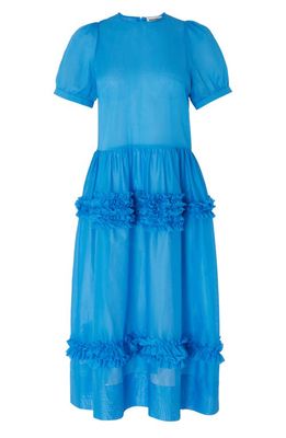 Molly Goddard Cecil Ruffle Short Sleeve Cotton Midi Dress in Blue