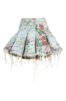 Molly Goddard Flare Floral Print Raw Hem Denim Miniskirt in Blue Wash
