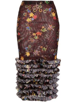 Molly Goddard floral-print mesh skirt - Brown