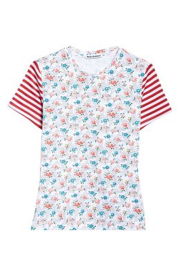 Molly Goddard Floral Stripe Fitted Cotton Jersey T-Shirt in White Floral Red Cream