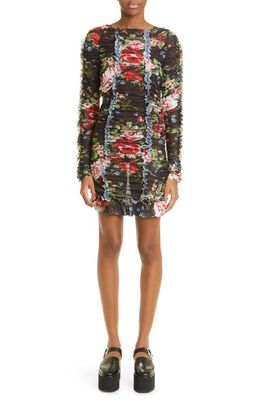 Molly Goddard Harley Floral Print Ruched Long Sleeve Mesh Minidress in Black Floral