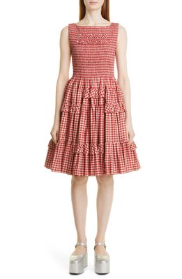 Molly Goddard Helen Gingham Shirred Tiered Cotton Dress in Red Gingham