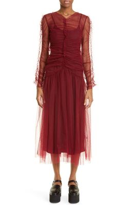 Molly Goddard Malin Long Sleeve Soft Tulle Midi Dress in Burgundy