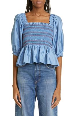 Molly Goddard Marigold Embroidered Puff Sleeve Cotton Blouse in Blue