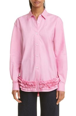 Molly Goddard Rodney Ruffle High-Low Cotton Button-Up Shirt in Pink