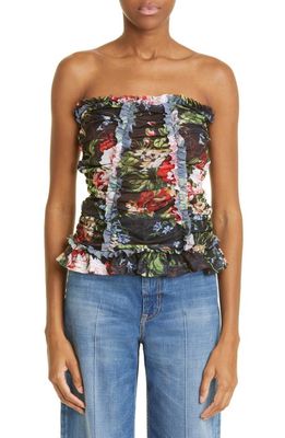 Molly Goddard Tracey Floral Print Strapless Blouse in Black Floral