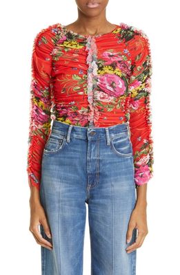 Molly Goddard Yumi Floral Print Ruched Mesh Top in Red Floral