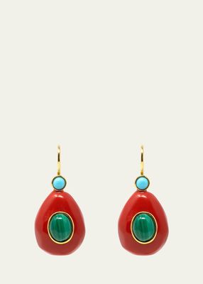 Monachina Big Drop Earrings with Red Resin, Turquoise and Malachite