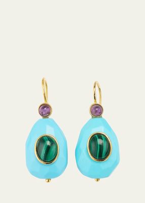 Monachina Big Drop Earrings with Turquoise Colored Resin, Malachite and Amethyst
