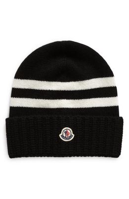 Moncler Arch Classic Stripe Cuff Virgin Wool & Cashmere Beanie in Black