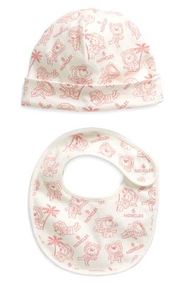 Moncler Bear Print Beanie & Bib Set in Pink