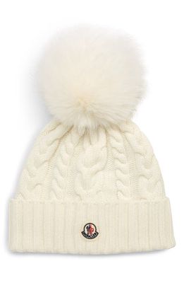 Moncler Cable Knit Wool & Cashmere Pom Beanie in White