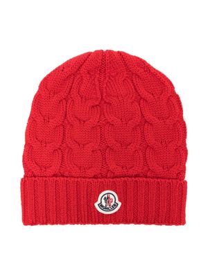 Moncler Enfant logo-appliqué cable-knit beanie - Red