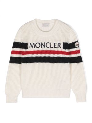 Moncler Enfant logo-embroidered stripe-detail jumper - White