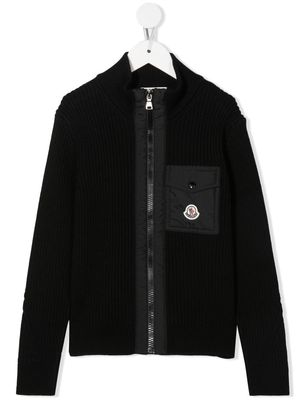 Moncler Enfant logo-patch virgin wool cardigan - Black
