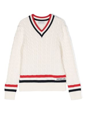 Moncler Enfant V-neck cable-knit jumper - White