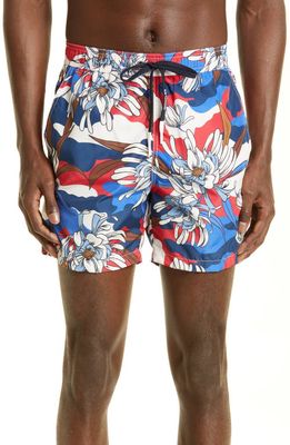 Moncler Floral Camo Print Swim Trunks in Red White Blue Floral