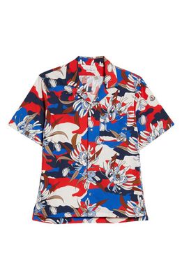 Moncler Floral Camouflage Short Sleeve Cotton Poplin Camp Shirt in Red White Blue Floral