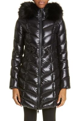 Moncler Fulmarre Quilted Down Coat with Faux Fur Trim in Black