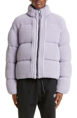Moncler Gender Inclusive Rib Knit Down Puffer Cardigan in Lilac