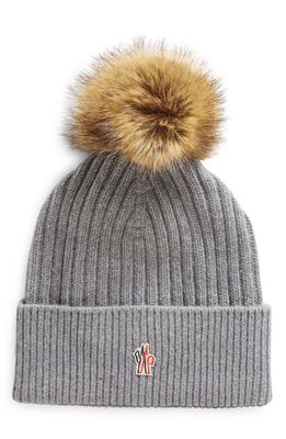 Moncler Grenoble Cashmere & Wool Rib Beanie with Faux Fur Pompom in Grey