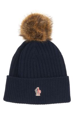 Moncler Grenoble Cashmere & Wool Rib Beanie with Faux Fur Pompom in Navy
