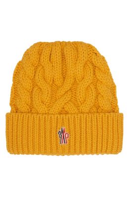 Moncler Grenoble Logo Embroidered Virgin Wool Cable Beanie in Yellow