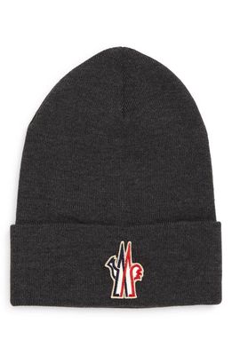 Moncler Grenoble Logo Patch Ribbed Virgin Wool Beanie in Grey