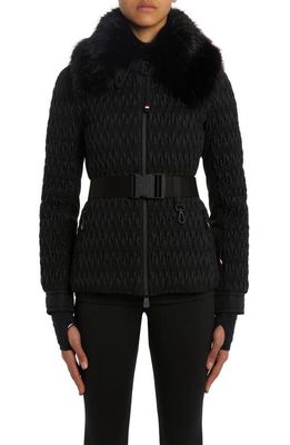 Moncler Grenoble Plantrey Pleated Belted Down Jacket with Removable Faux Fur Collar in Black