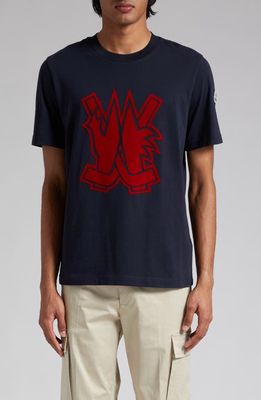 Moncler Hockey Logo Cotton Graphic T-Shirt in Dark Navy Blue