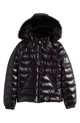 Moncler Kids' Bady Nylon Down Hooded Jacket with Faux Fur Trim in Black