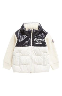 Moncler Kids' Mixed Media Cardigan Down Puffer Jacket in Ivory/Navy