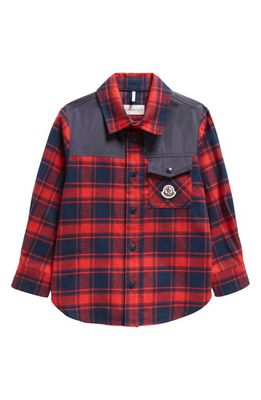 Moncler Kids' Mixed Media Plaid Shirt Jacket in Red