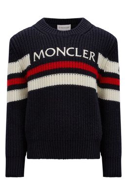 Moncler Kids' Stripe Embroidered Logo Virgin Wool Sweater in Blue Navy