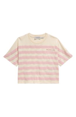 Moncler Kids' Stripe Logo Embroidered Crop T-Shirt in Pink Stripe